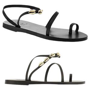 Ancient Greek Sandals Women’s ‘Apli’ Leather Gold Sea-Shell Sandal, Black Size 7